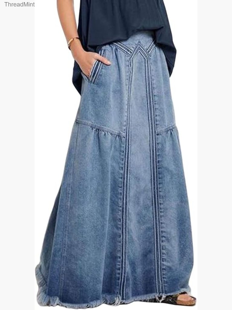 Casual Elastic Waist Frayed Hem A-Line Maxi Denim Skirt